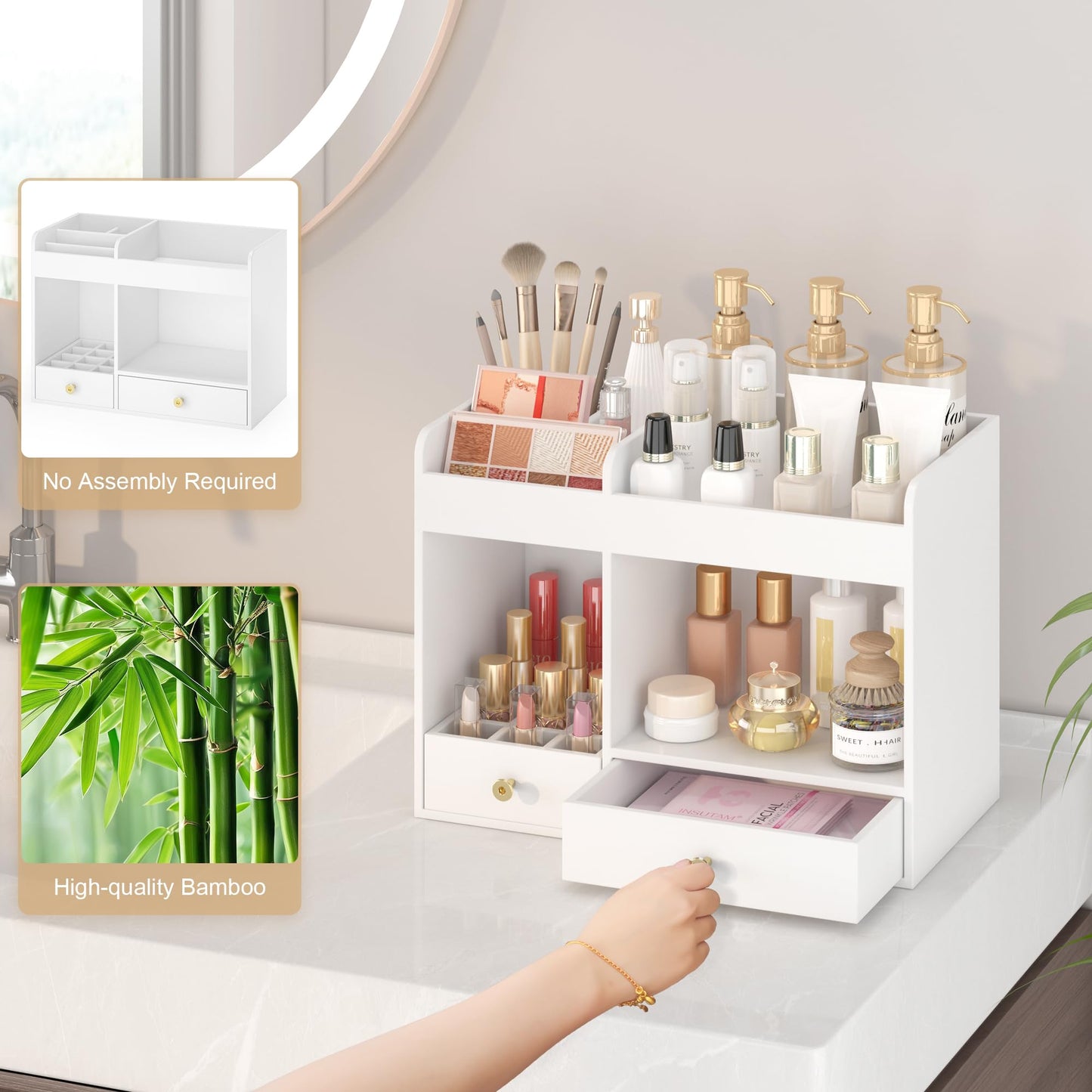 Wisuce Essentials Large Makeup Organizer with Drawers, Bamboo Countertop Cosmetic Storage for Dresser Vanity Organizer Beauty Desk Skincare Holders Container Make Up Organizing for Lipstick