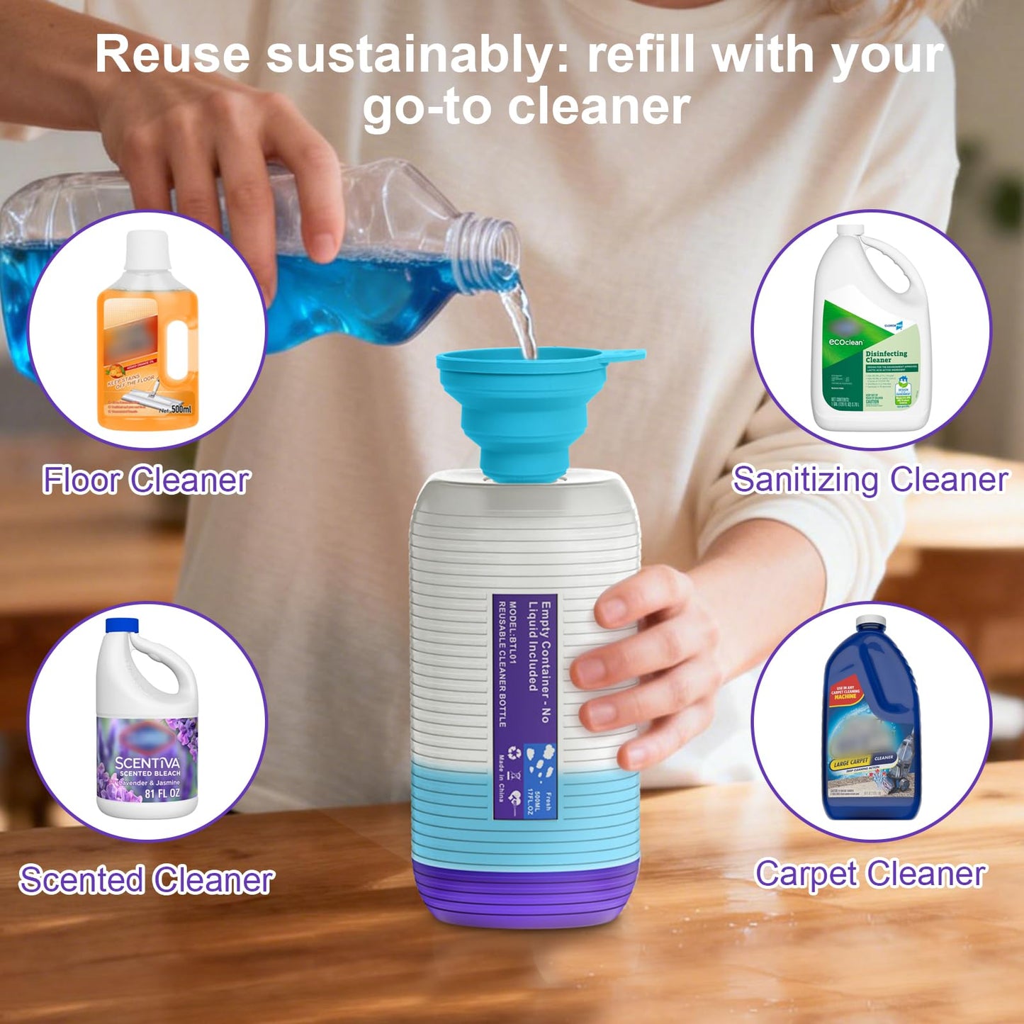 COOMYXIN Refillable Bottle for Swiffer® Power Mop™, 500ML / 17 FL.OZ Reusable Solution Container, with 6 Leak-Proof Seal & 1 Funnel,Simple Installation, Works with Any Cleaner