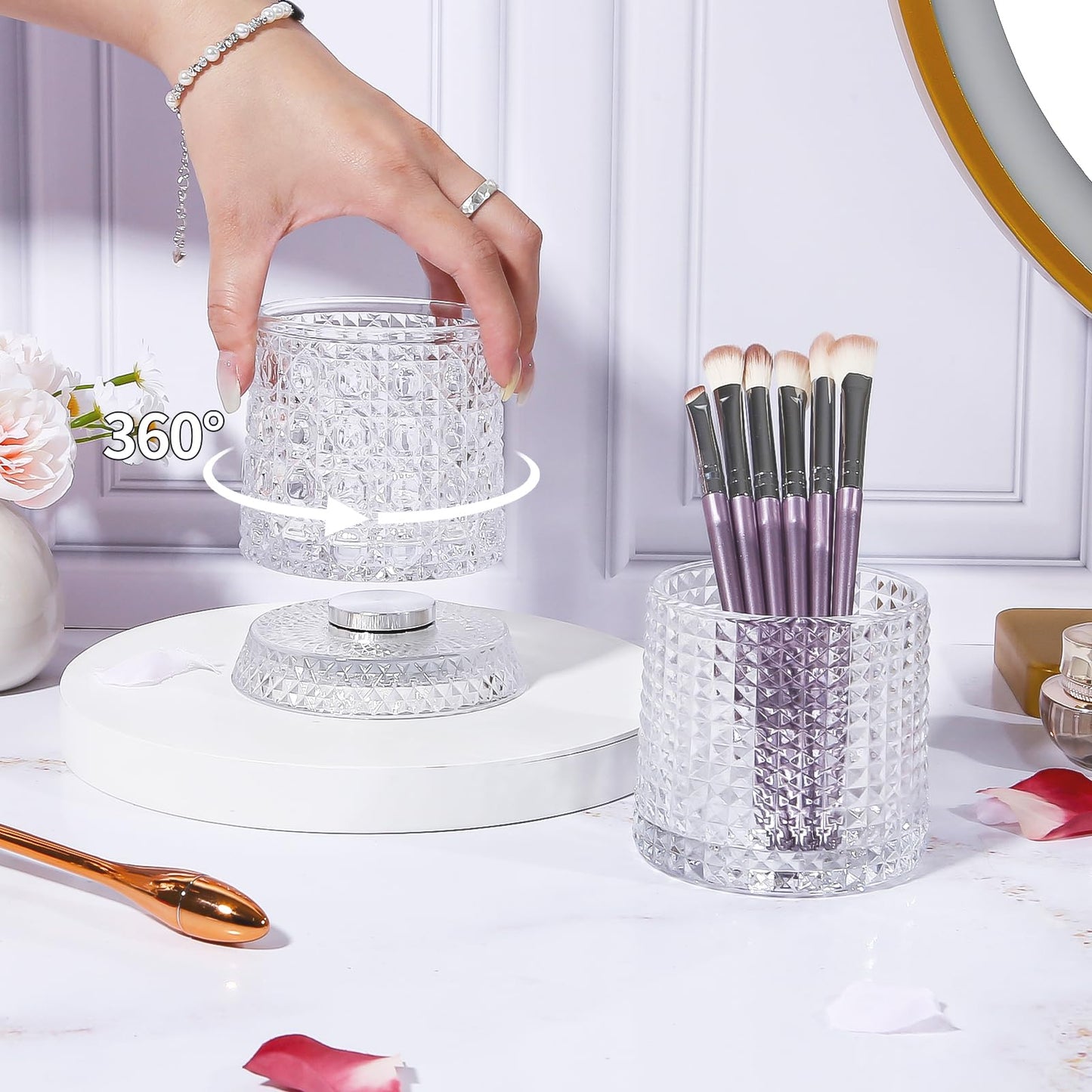 DASITON Makeup Brush Holder Organizer, Crystal Cosmetic Brushes Storage Holder Glass Makeup Organizer, 360° Rotating Make Up Brush Cup for Vanity, Dresser, Bathroom, Pen Pencil Holder for Desk (Clear)