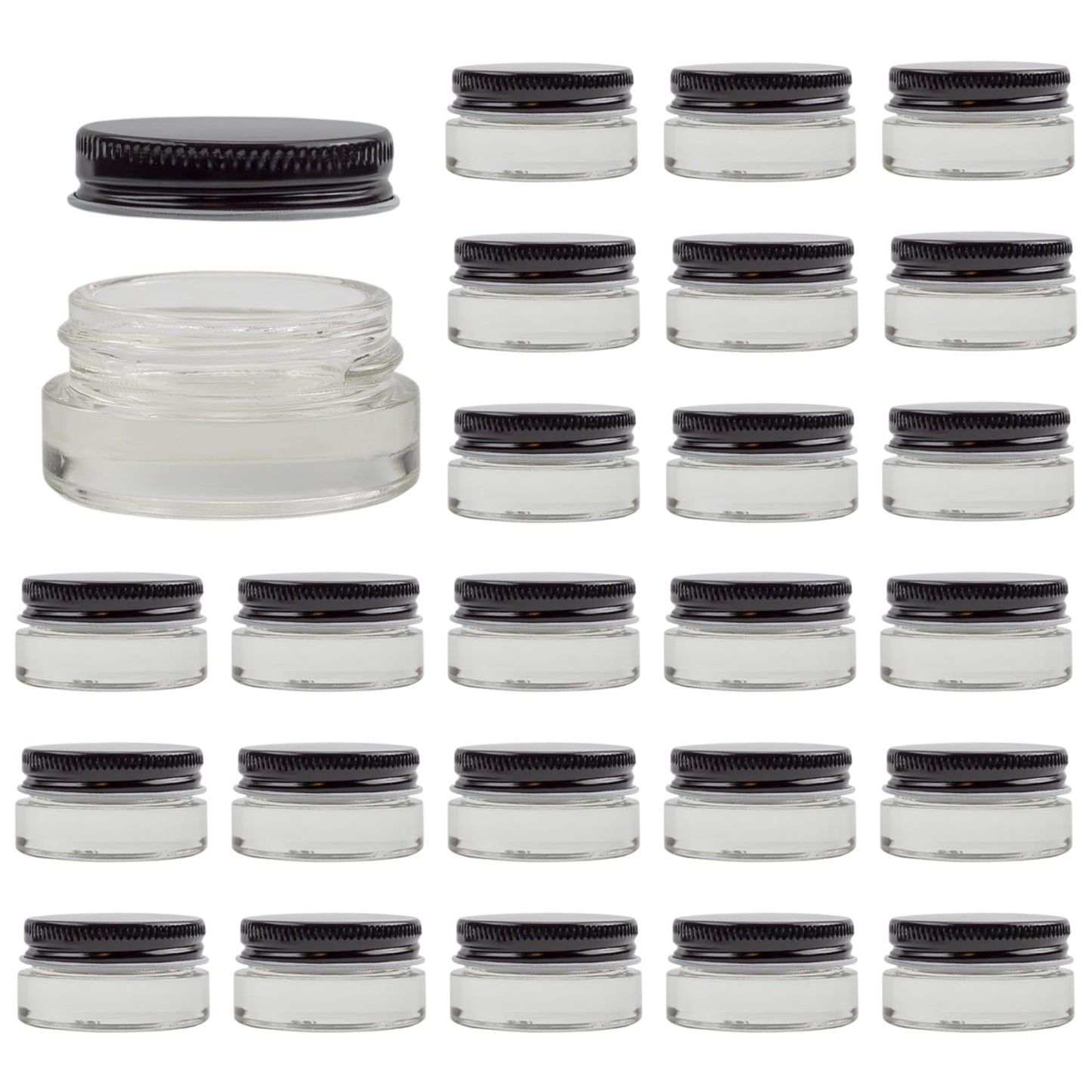 Cornucopia Brands 7-Milliliter Glass Lip Balm Jars (24-Pack).25-Ounce Thick-Walled Containers (7ml Clear w/Black Metal Lids)