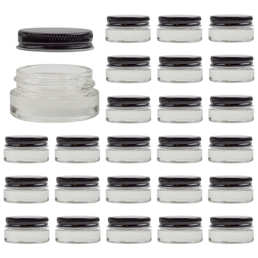 Cornucopia Brands 7-Milliliter Glass Lip Balm Jars (24-Pack).25-Ounce Thick-Walled Containers (7ml Clear w/Black Metal Lids)