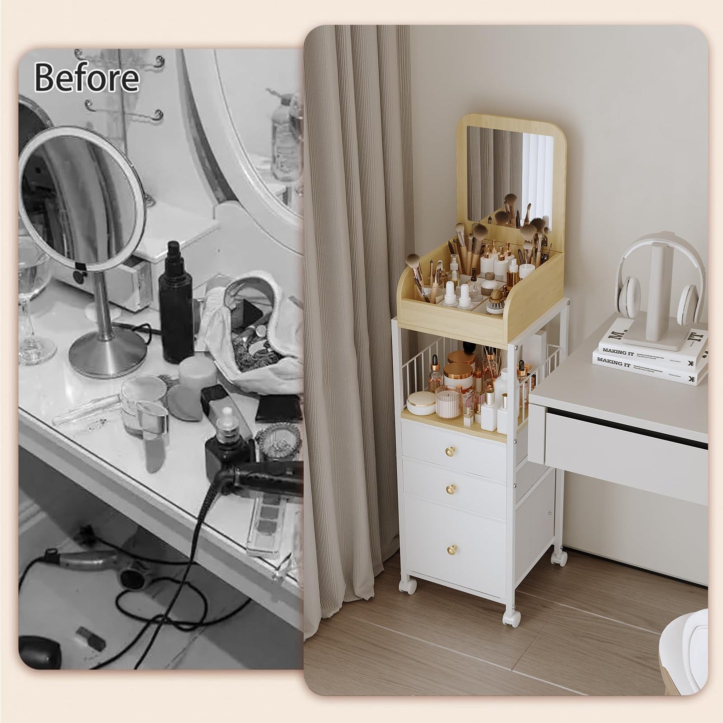 ZQUYAJ Makeup Organizer Cart with Vanity Mirror, Floor Skincare Organizers Make Up Organizers-Vanity Organizer Cosmetic Display Cases Holder for Skin Care Perfume Nail Polish Brush Hair Tool (White)