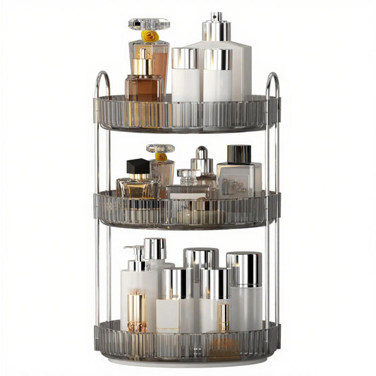 YCIA&DONE 360 Rotating Makeup Organizer and Storage for Vanity Countertop 3 Tiers, High Capacity Cosmetic Skincare Perfume Organizers for Dresser Bathroom Lazy Susan (Smoky Gray)