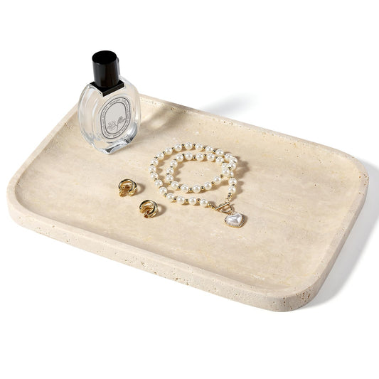 Koville Romano Travertine Tray, 12"x8" Natural Stone Vanity Tray for Countertop Bathroom Kitchen Dresser, Decorative Marble Catchall Trays for Perfume Jewelry, Rectangular Serving Tray(Beige)
