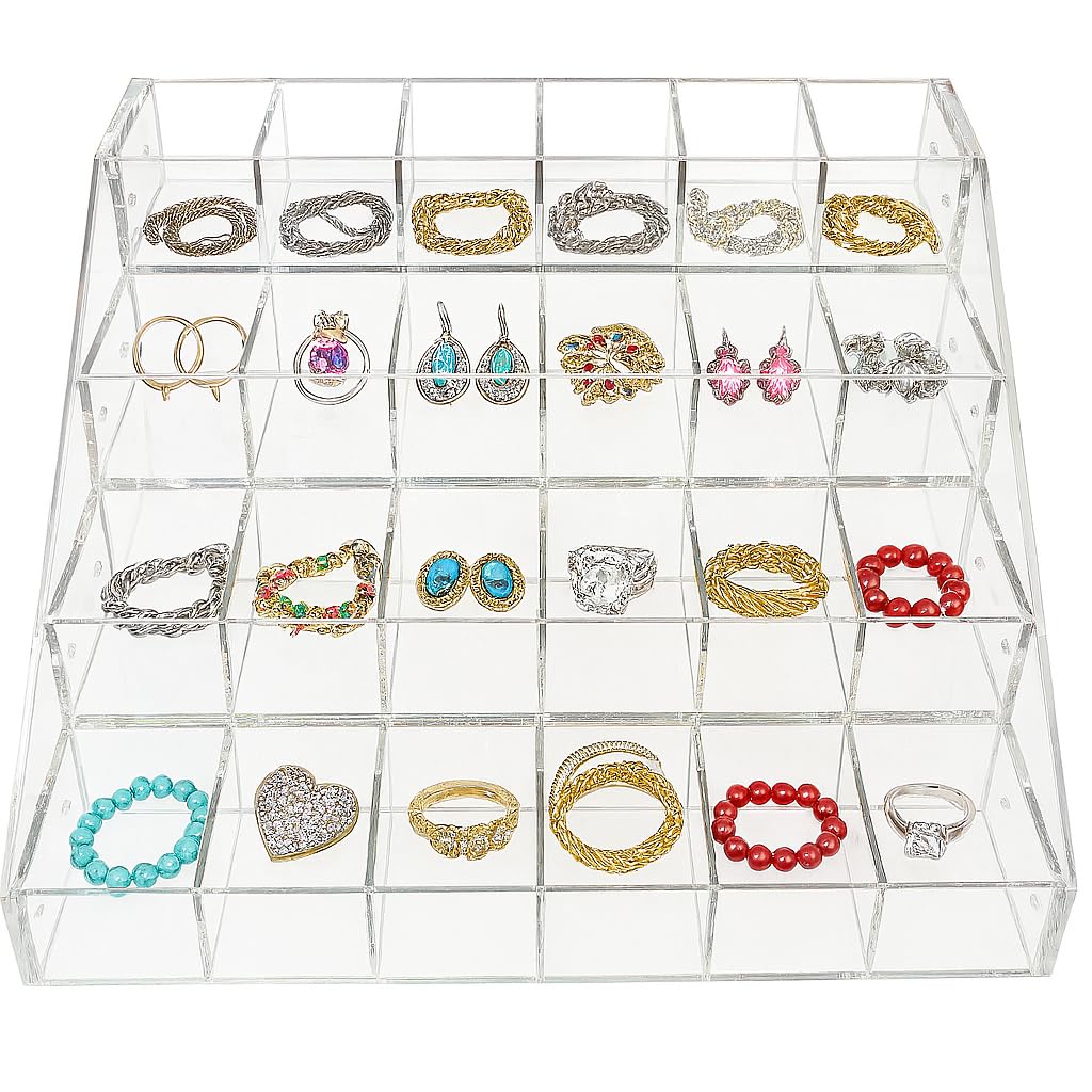 CuteBox Company Clear Acrylic 4 Tier 24 Bin Organizer (16" x 15.5" x 9.5") for Retail, Merchandise, Display, Jewelry, Repair Parts, Beads, Trinkets, Tchotchkes, Storage, Organization