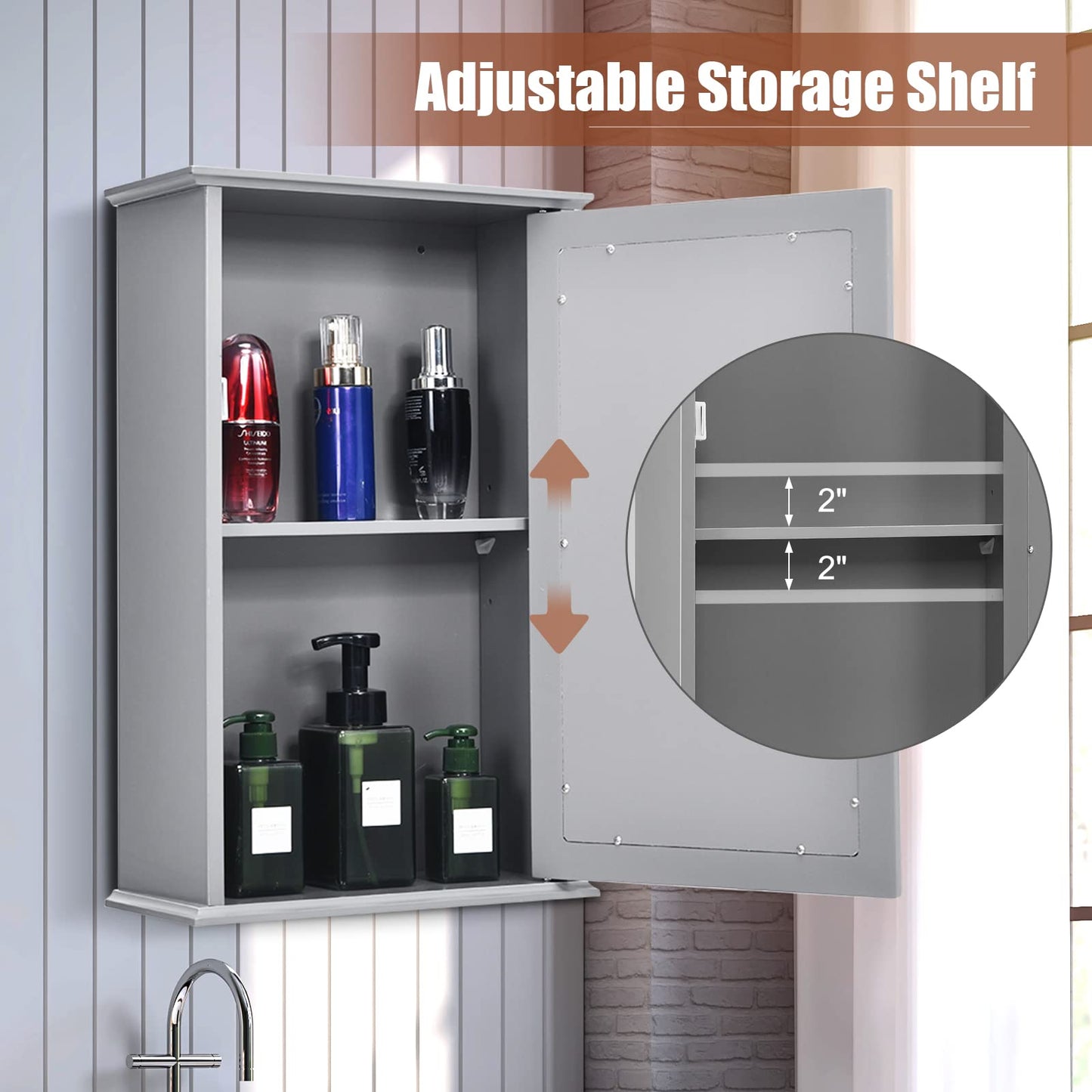 Hysache Bathroom Medicine Cabinet, Wall Mount Mirrored Storage Cabinet w/Single Mirrored Door & Adjustable Shelf, Multipurpose Wooden Organizer for Hallway Living Room Bed, 13.5" L x 6" W (Gray)