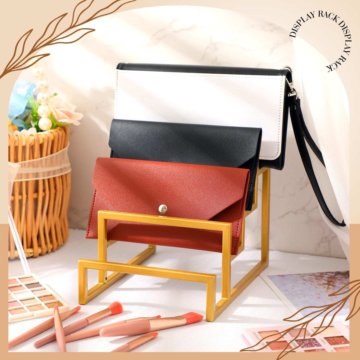 DoubleFill 2 Pack Purse Organizer for Closet Display 4 Layer Gold Riser Stand Clutch Purse Organizer Display Metal Wallet Rack for Handbag Home Retail Boutique Store Supplies