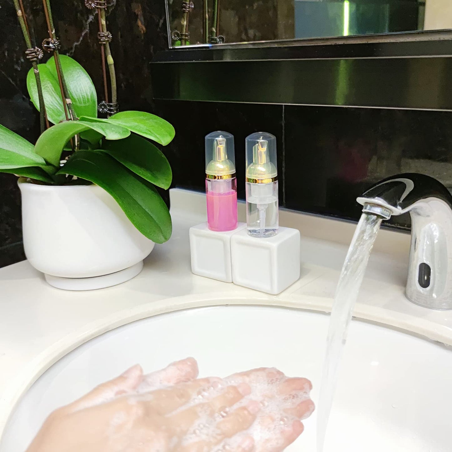 Dming 8 Pcs 1oz 30ml Plastic Foamer Pump Bottle Foam Dispenser Bottles Mini Liquid Foaming Bottles for Refillable Travel Hand Soap Foaming,Shampoo,Castile,Cleaning (Gold+Clear)