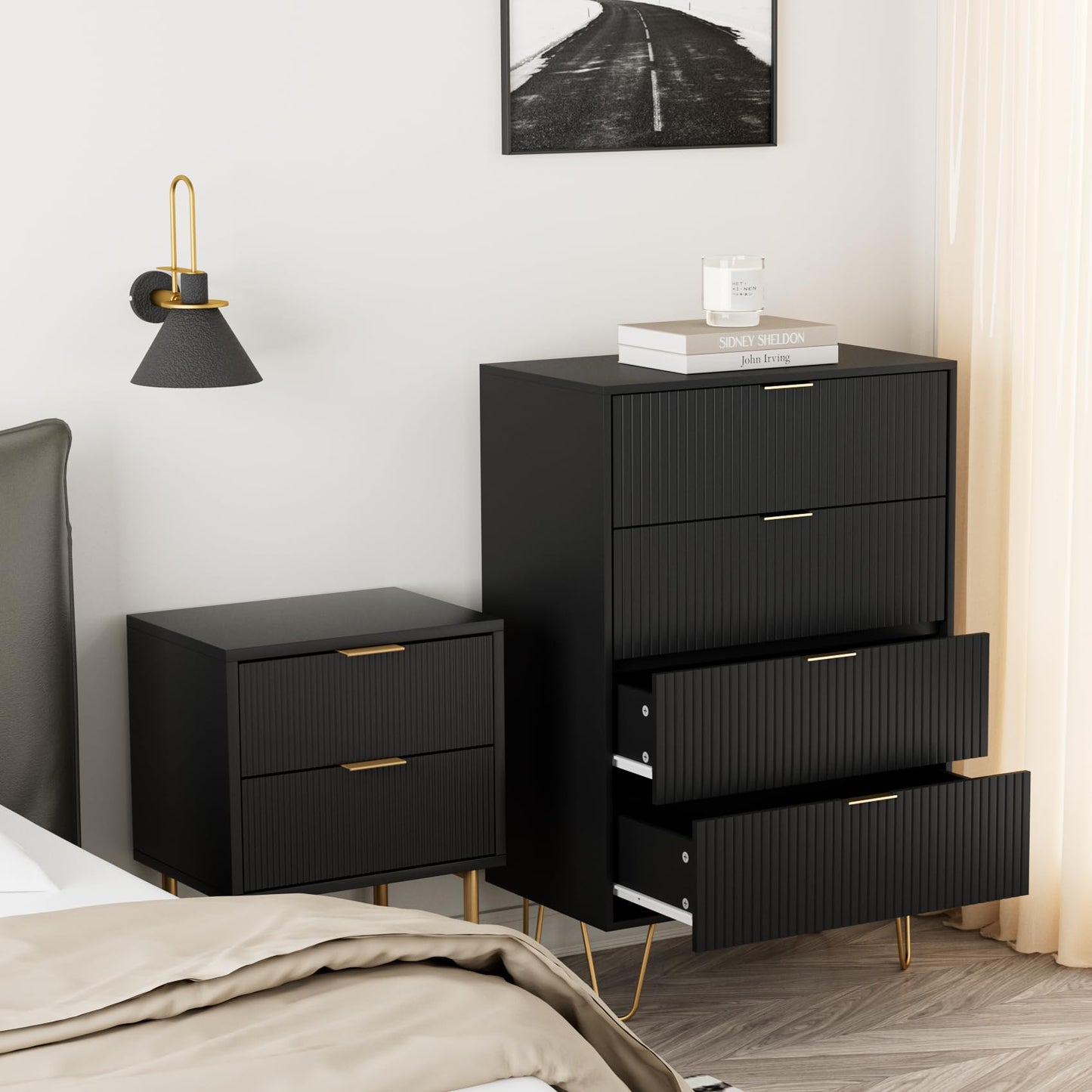Masupu 4 Drawer Dresser, Drawer Chest, Tall Storage Chest Cabinet Organizer Unit with Metal Legs, Small Dresser for Bedroom, Living Room, Closet, Hallway Black Stripe