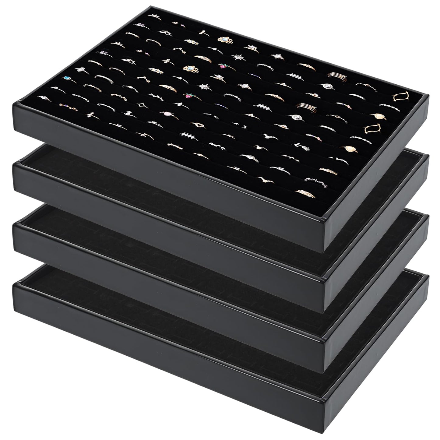 FUPMILPHRANX 4 Pack Velvet Ring Display Tray 100 Slots Stackable Jewelry Organizer Tray Ring Holder Showcase for Rings Earrings Jewelry Storage for Drawer Dresser Store Display