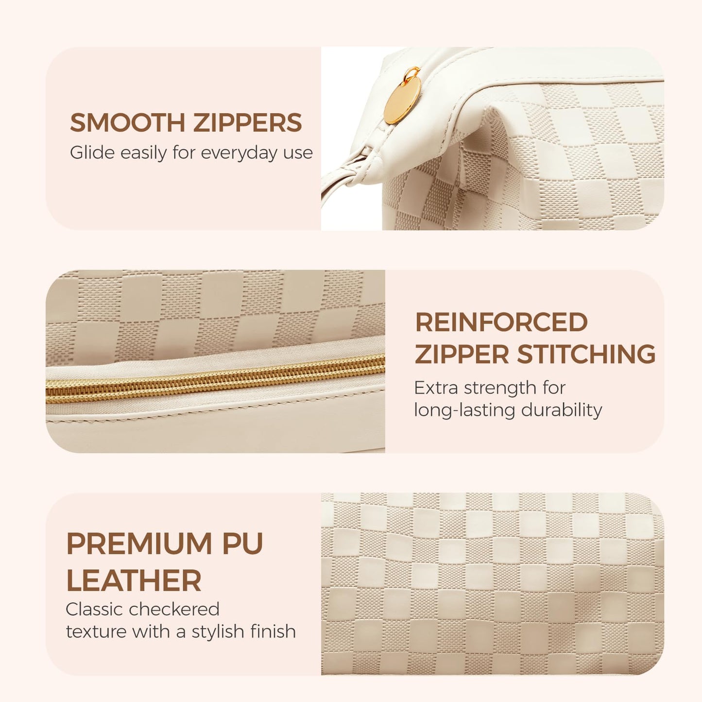 Hairao Large Makeup Bag for Women, Double Layer Travel Makeup Bag with Brush Compartment, Waterproof PU Leather Cosmetic Bag, Checkered Toiletry Bag Makeup Organizer for Skincare & Toiletries, Beige