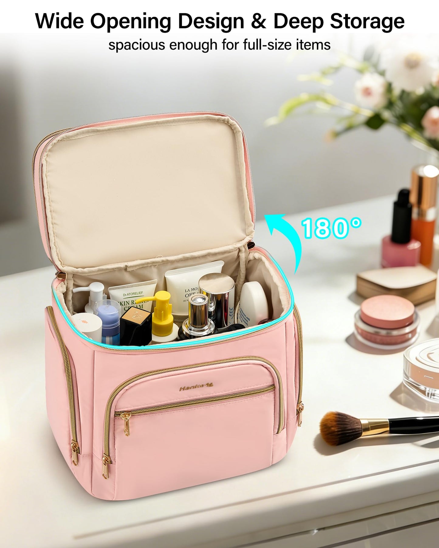 Hanke Large Toiletry Bag for Women Travel, Double Layer Organizer with Wide Opening for Full-Size Cosmetics & Toiletries, 12.2L Water-Resistant Makeup Bag,Pink