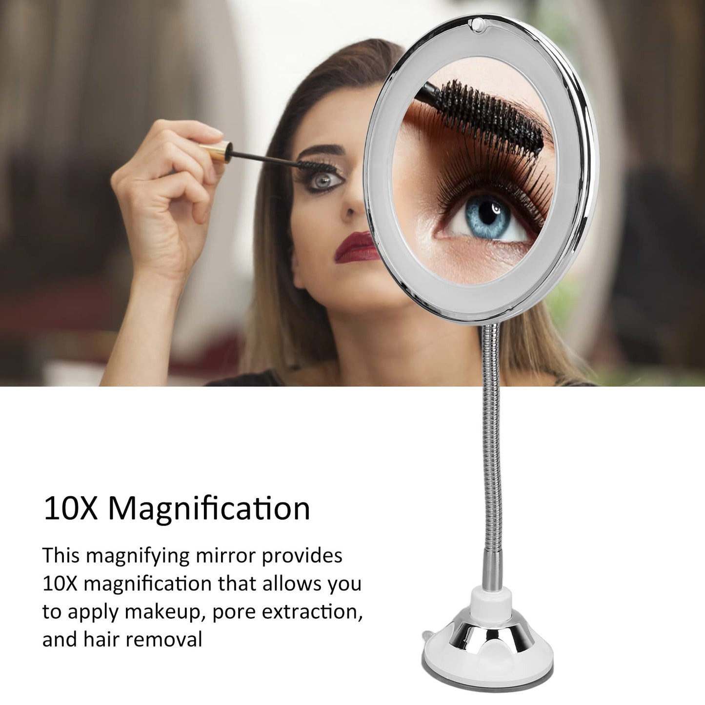 Magnifying Mirror, Flexible Gooseneck LED Lighted 10X Magnifying Makeup Mirror with Power Locking Suction Cup, 10X Magnification LED Fill Light Suction Cup Adjustable Gooseneck Makeup Mirror