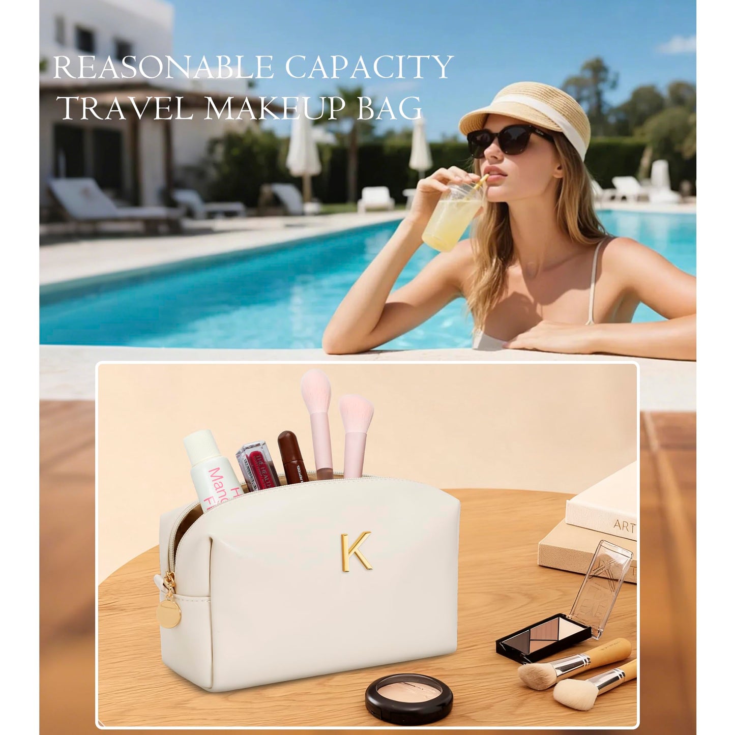 CLOUDWINGS Gifts for Women Bridesmaid Gifts Personalized Initial Makeup Bag PU Leather Cosmetic Waterproof Travel Toiletry Bag (Beige K)