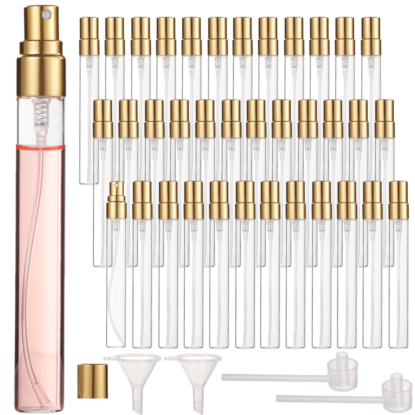 50 Pcs 10 ml Perfume Bottles - Refillable Glass Mini Spray Bottles, Portable Travel Sample Containers, Fine Mist Atomizers with Caps, Includes 2 Funnels and 2 Dispensers, Ideal for Liquids, Gold