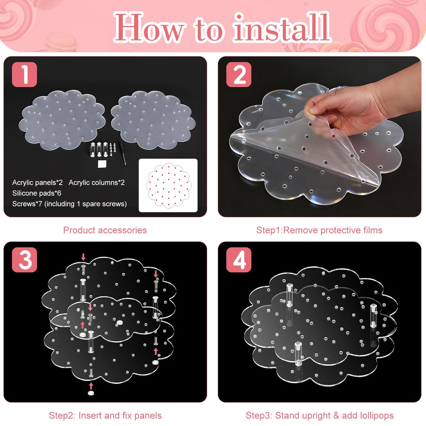 Flower Shape Acrylic Lollipop Stand 36 Holes, Cake Pop Holder with 100 Sticks, 100 Wrappers, 100 Gold Twist Ties, Clear Candy Dessert Display Rack for Christmas Weddings, Birthdays, Baby Showers