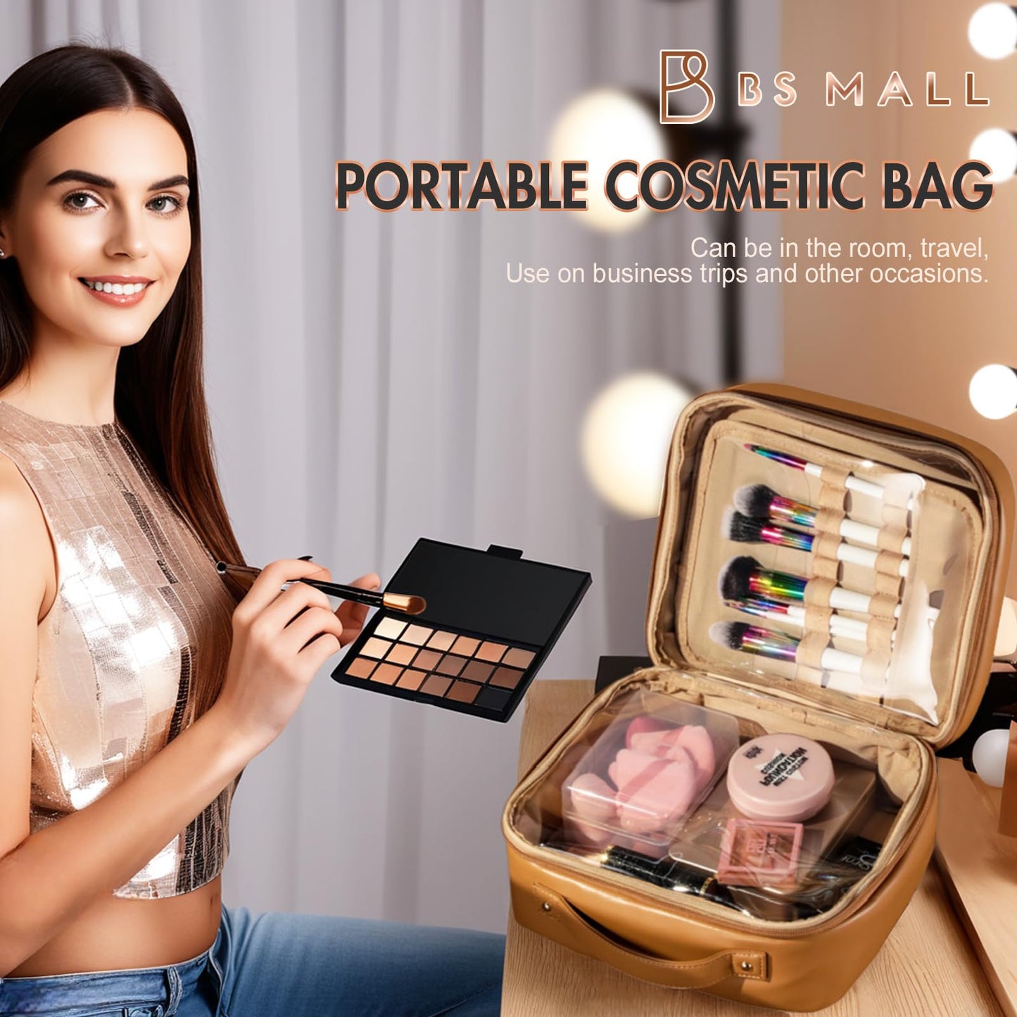 BS-MALL XL Makeup Case Premium Makeup Bag with Soft Leather, Waterproof and Durable for Long-Term Use
