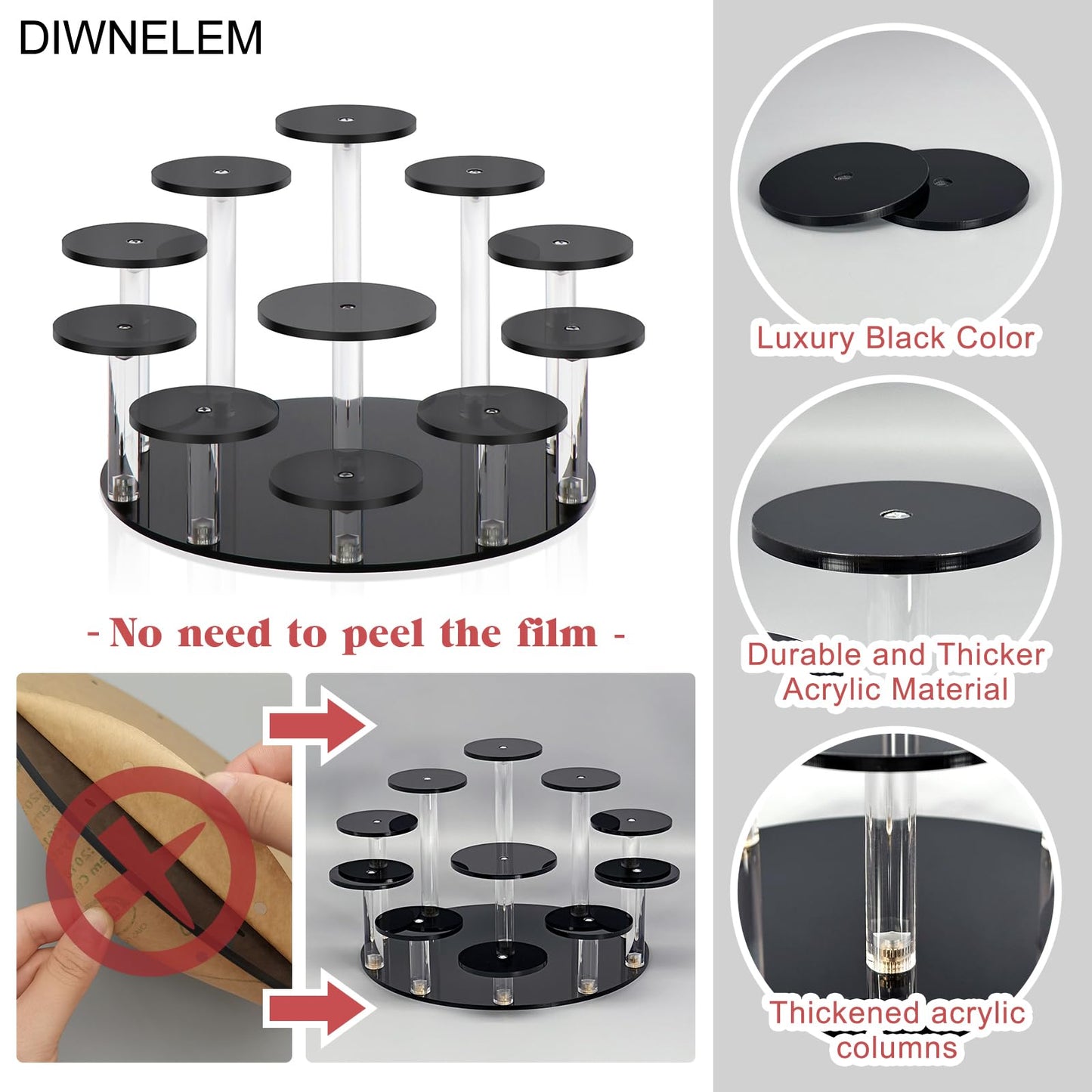 DIWNELEM Round Jewelry Stand Acrylic Display Riser Stands Dessert Tower Display Tower for Watch,Jewelry,Rings,Earrings,Mini Figurines,Cupcakes(Black,11Tier)