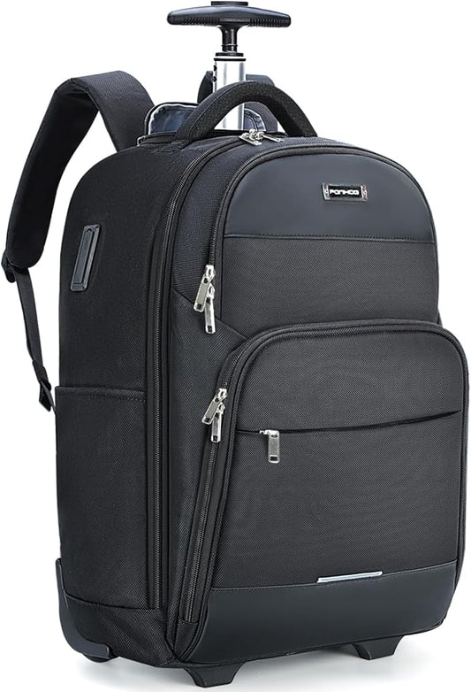 Rolling Backpack, 30L Travel Laptop Backpack with Wheels, 15.6 Inch Roller Carry on Luggage with USB Charging Port, Flight Approved Personal Item Wheeled Suitcase for Men Women Adults, Black