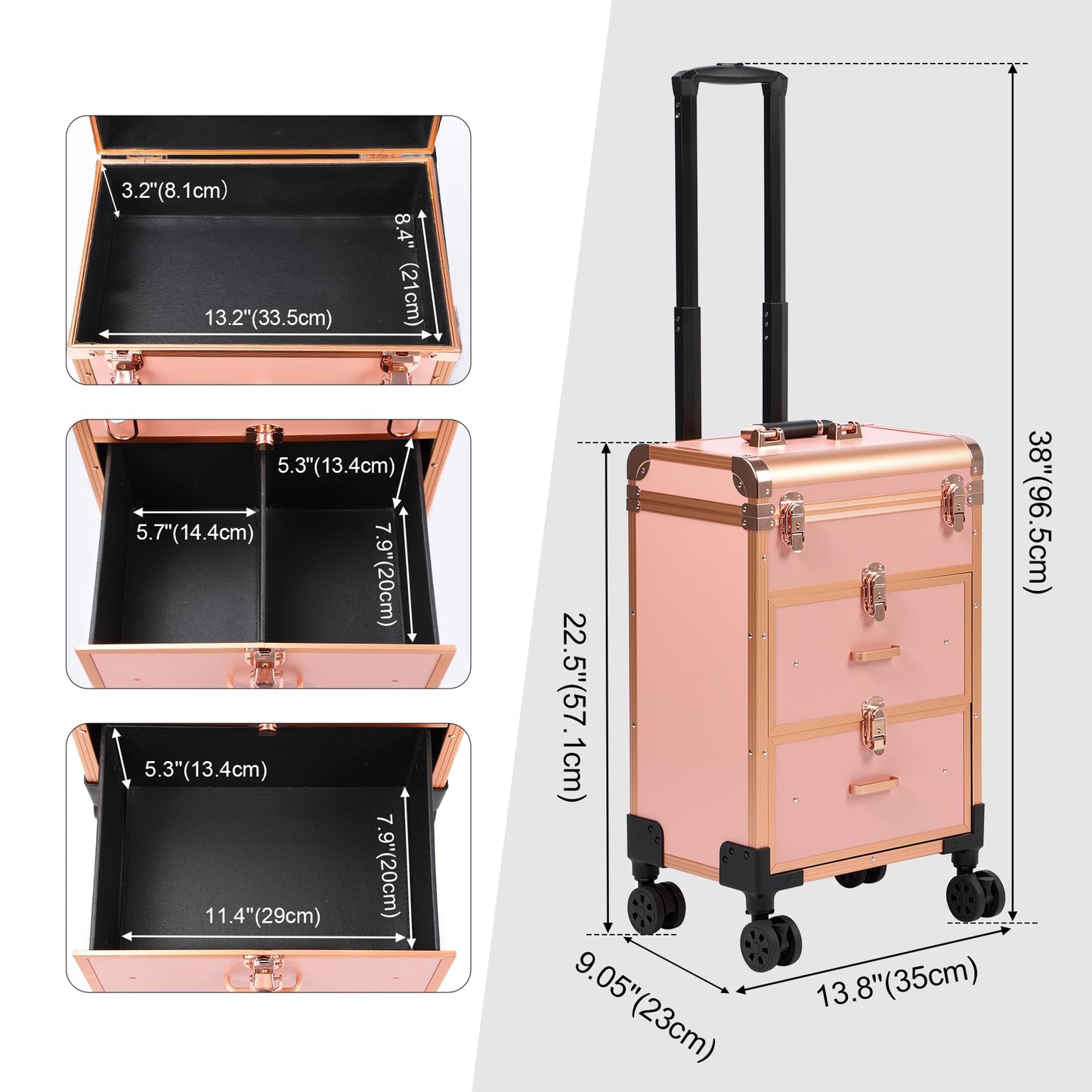 3 in 1 Rolling Makeup Case, Professional Cosmetology Case on Wheels, Detachable Clear Makeup Bag & Nail Polish Organizer, Portable Makeup Trolley with Drawers for Makeup Artists & Nail Technicians