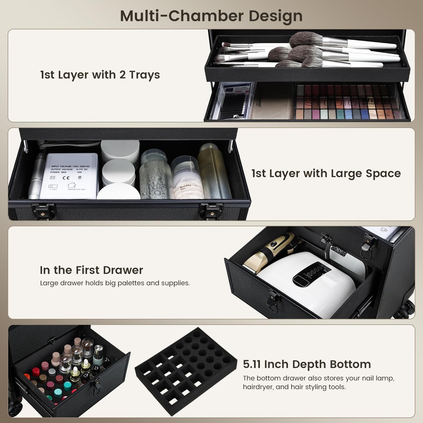 Yueieoun Rolling Makeup Train Case with 2 Large Drawers Cosmetology Case on Wheels Nail Carts Organizer Case Make Up Artist Tattoo Travel Case with Wheels Salon Trolley Black