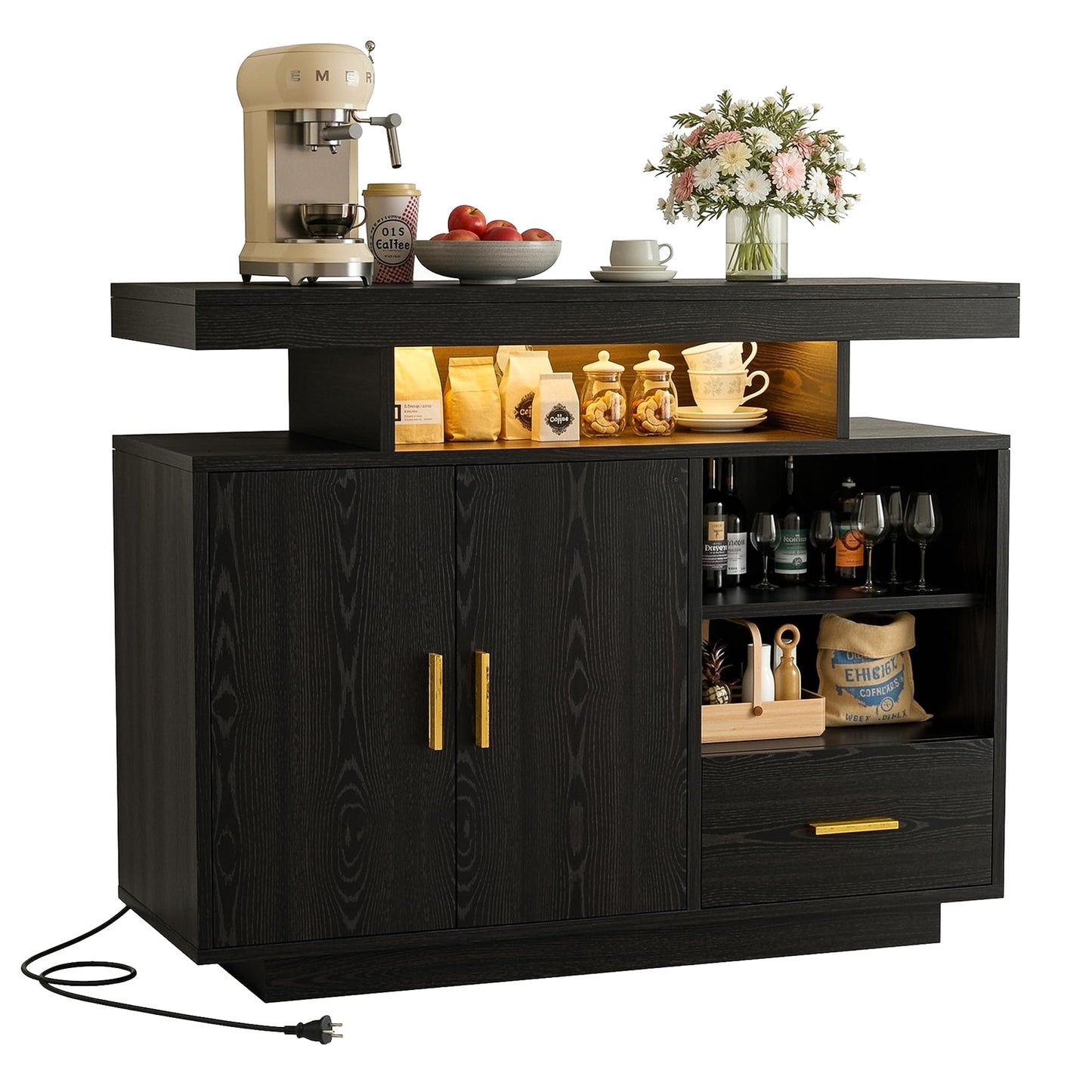 IRONCK Buffet Cabinet, Sideboard Cabinet with Power Outlet and LED Light, Modern Storage Cabinet with Drawer and Shelves, Black