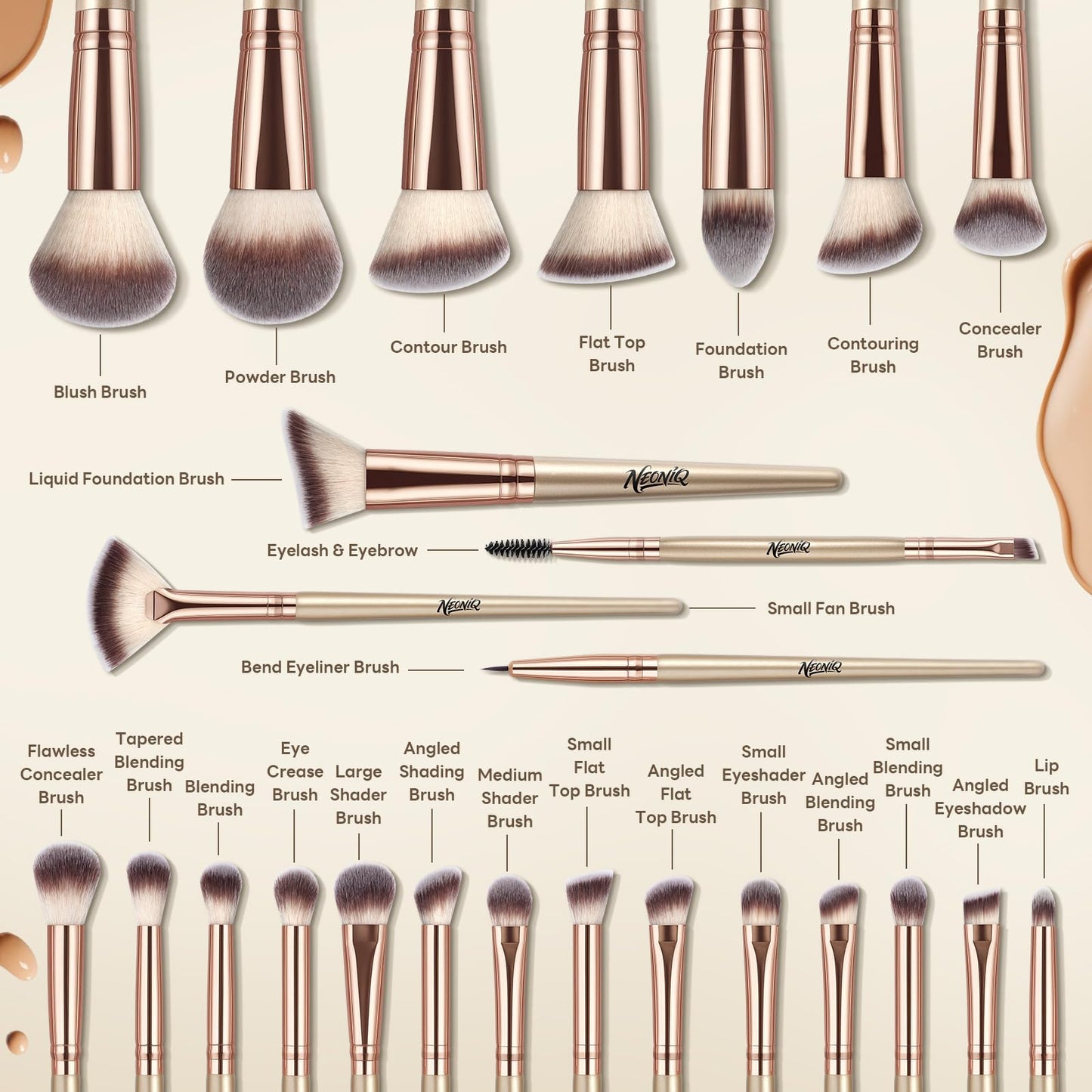 NEONIQ 25PCS Makeup Brushes Set with Travel Case, Professional Makeup Brush Kit for Foundation, Concealer, Powder, Eyeshadow & Blush, Essential Cosmetic Tools, Portable Travel Gift Set (Gold)