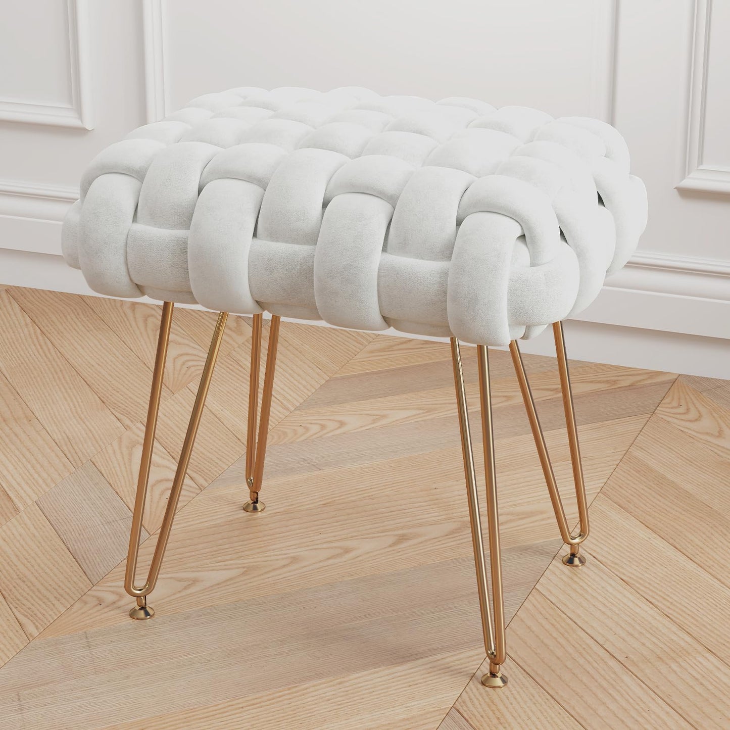 Sefulei Upholstered Velvet Vanity Stool, Hand-Woven Makeup Vanity Chair with Gold Metal Legs, Modern Foot Stool Ottoman for Living Room Bedroom, Easy Assembly (White)