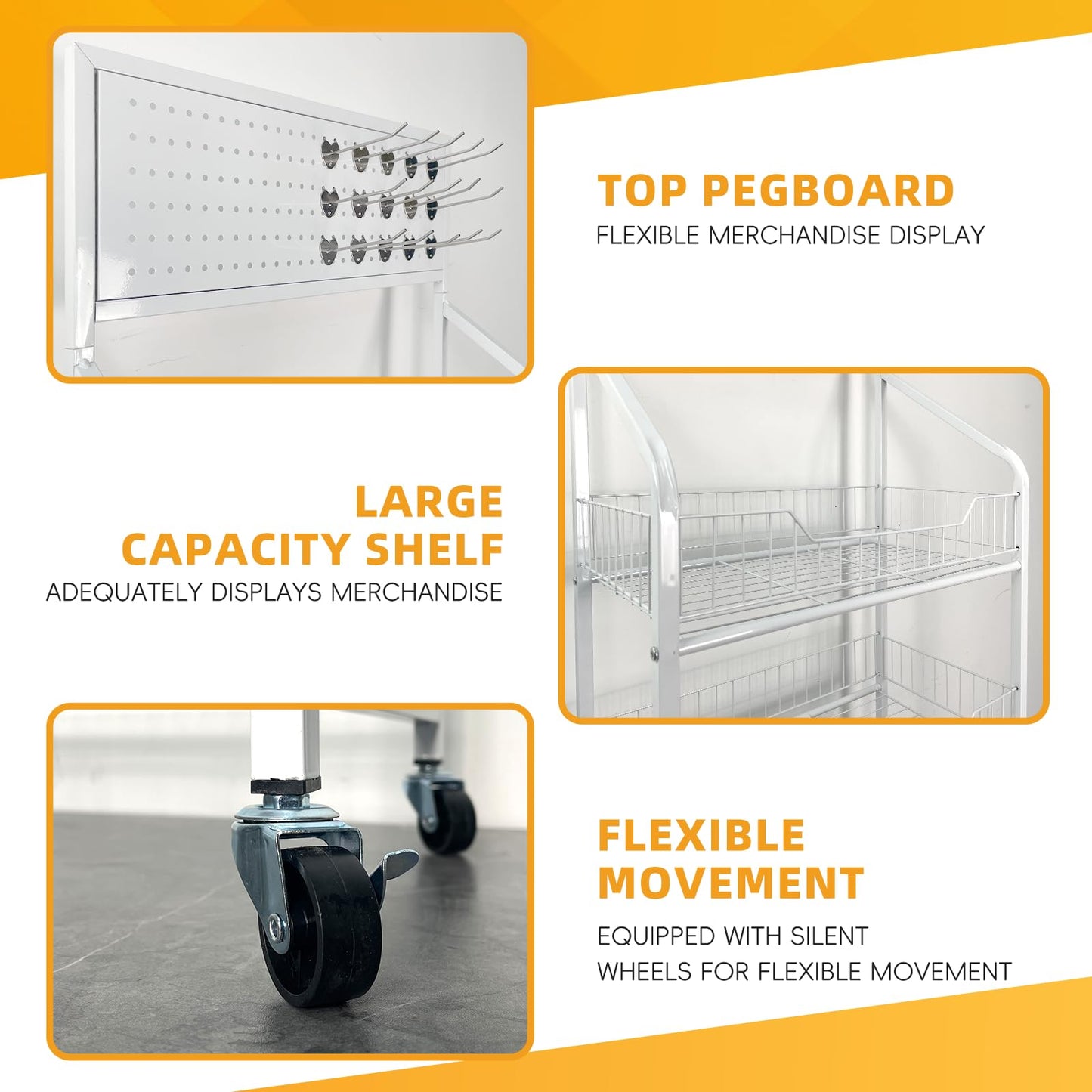 5 Tier Snack Rack Display Stand - Retail Display Shelves with Top Pegboard, 15 Hooks, Bakery Display Rack on Wheels for Easy Mobility and Organization (White)
