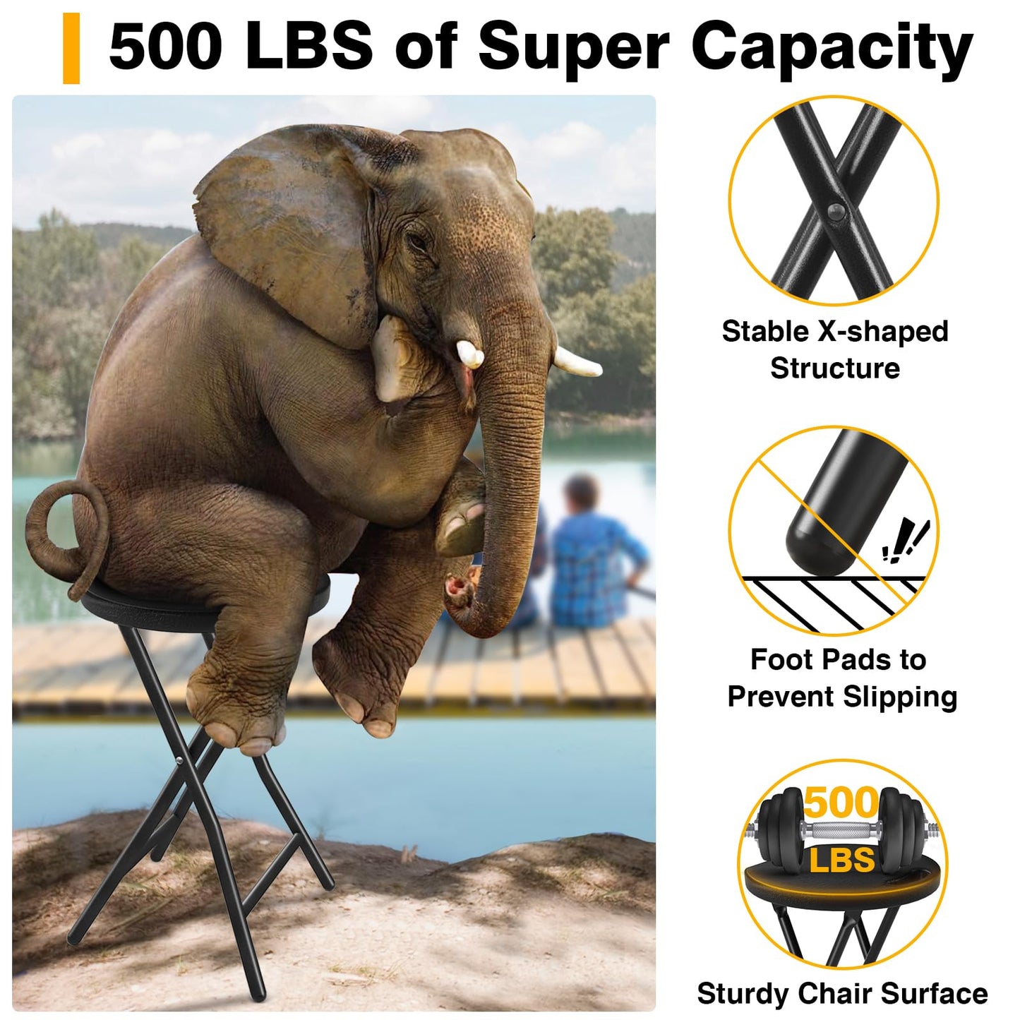TAVR Furniture Portable Folding Chair with Handle, Heavy Duty Round Fold Stool Chair with 500lbs Capacity for Adults, 18 Inch Foldable Stool for Dorm, Kitchen, Vanity, Church and Outdoor use