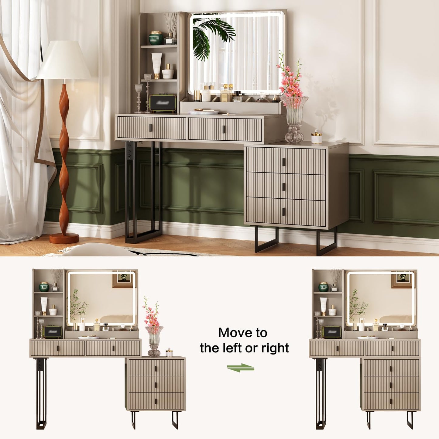 Large Vanity Desk with 3 Color Touch Screen Dimming Mirror, Vanity Desk with Charging Station, Modern Retractable Makeup Dressing Table, Makeup Table With storage shelves and 5 Sliding Drawers,Morandi