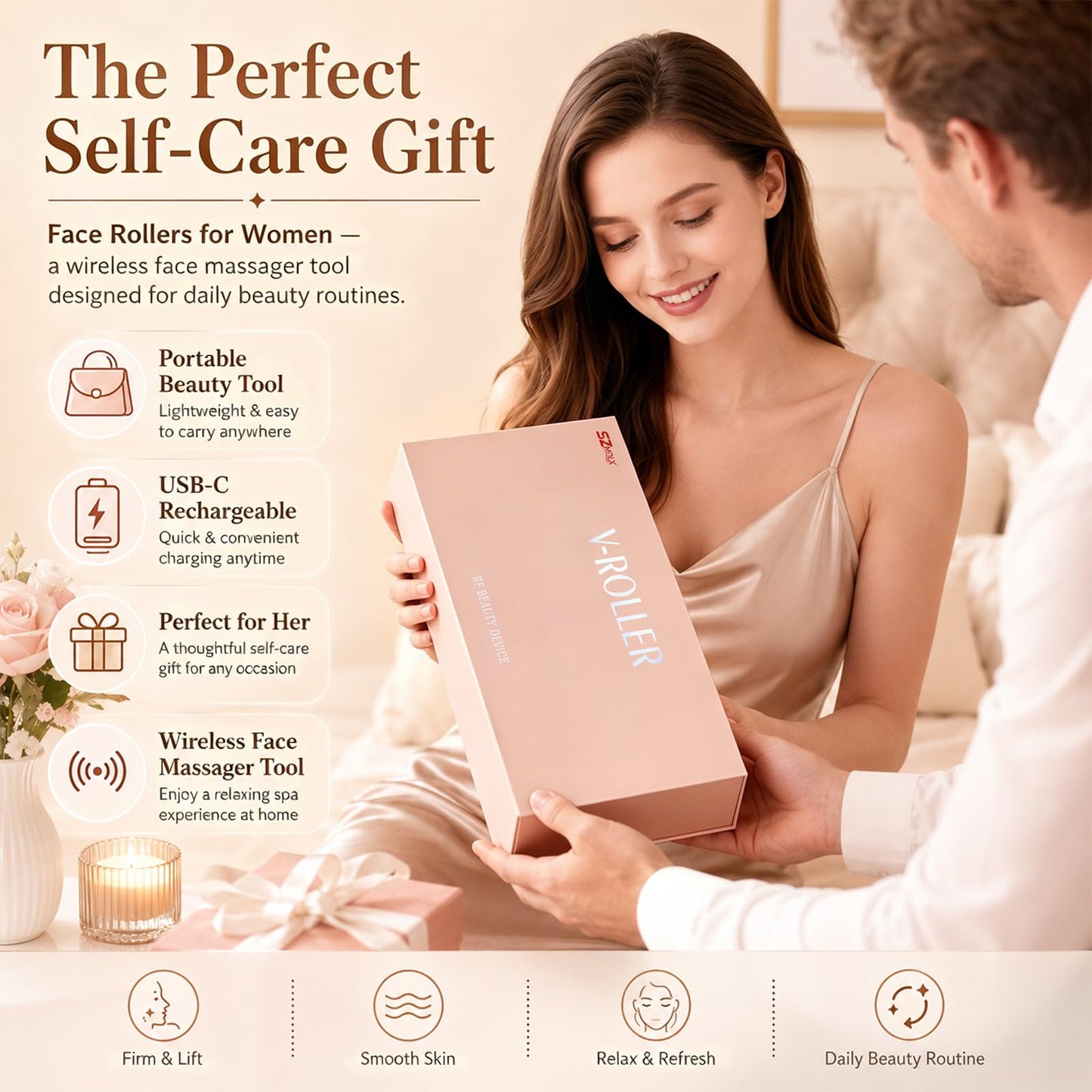 SZMDLX Wireless Face Massager Tool, 8-Roller 3D Face Roller for Women, LED Facial Massager,V-Shape Face Sculpting Tool for Jawline, 6 Light & Vibration Modes, USB-C Rechargeable