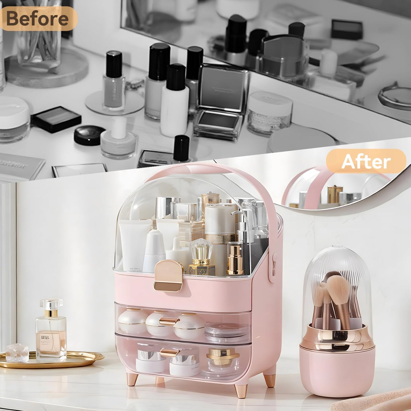 Makeup Organizer Countertop, Skincare Bathroom Counter Organizer, Storage Box Cosmetic Display Cases, Teen Girl Gifts Trendy Stuff Make up Organizers for Vanity, Dresser (Pink)