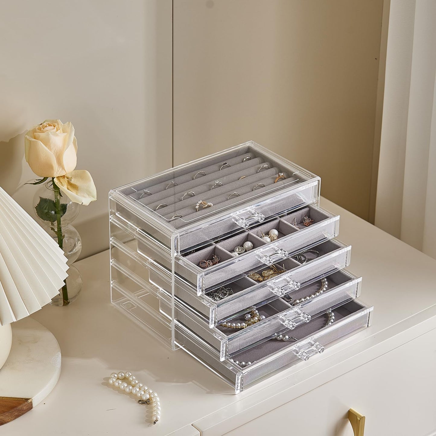 XRXYX Acrylic Jewelry Box with 5 Drawers, Clear Earring Holder Organizer Rings Display Case with Adjustable Velvet Trays for Women Girls, Grey