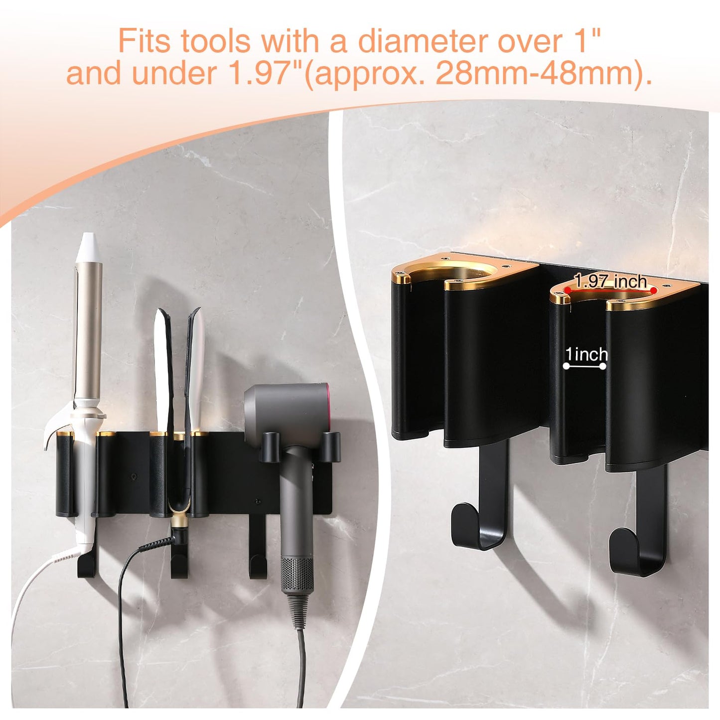 HAVICATO Hair Tool Organizer Wall Mount, Hair Dryer Curling iron Organizer, Flat Iron Straightener Holder, Aluminum Alloy & ABS plastic, Black and Gold (Not Including Hair Tools)