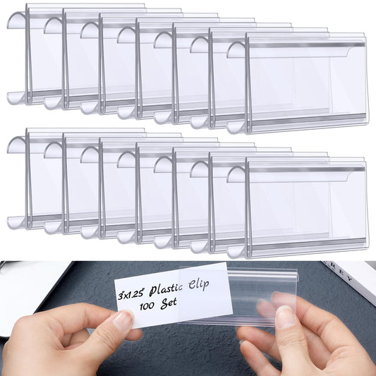 Kathfly 100 Pcs Plastic Wire Shelf Label Holder Tags with Label Paper Inserts Plastic Wire Rack Labels Clips Compatible with Metro 1-1/4 Inch Shelves Labels Area 3in Lx1.25in H