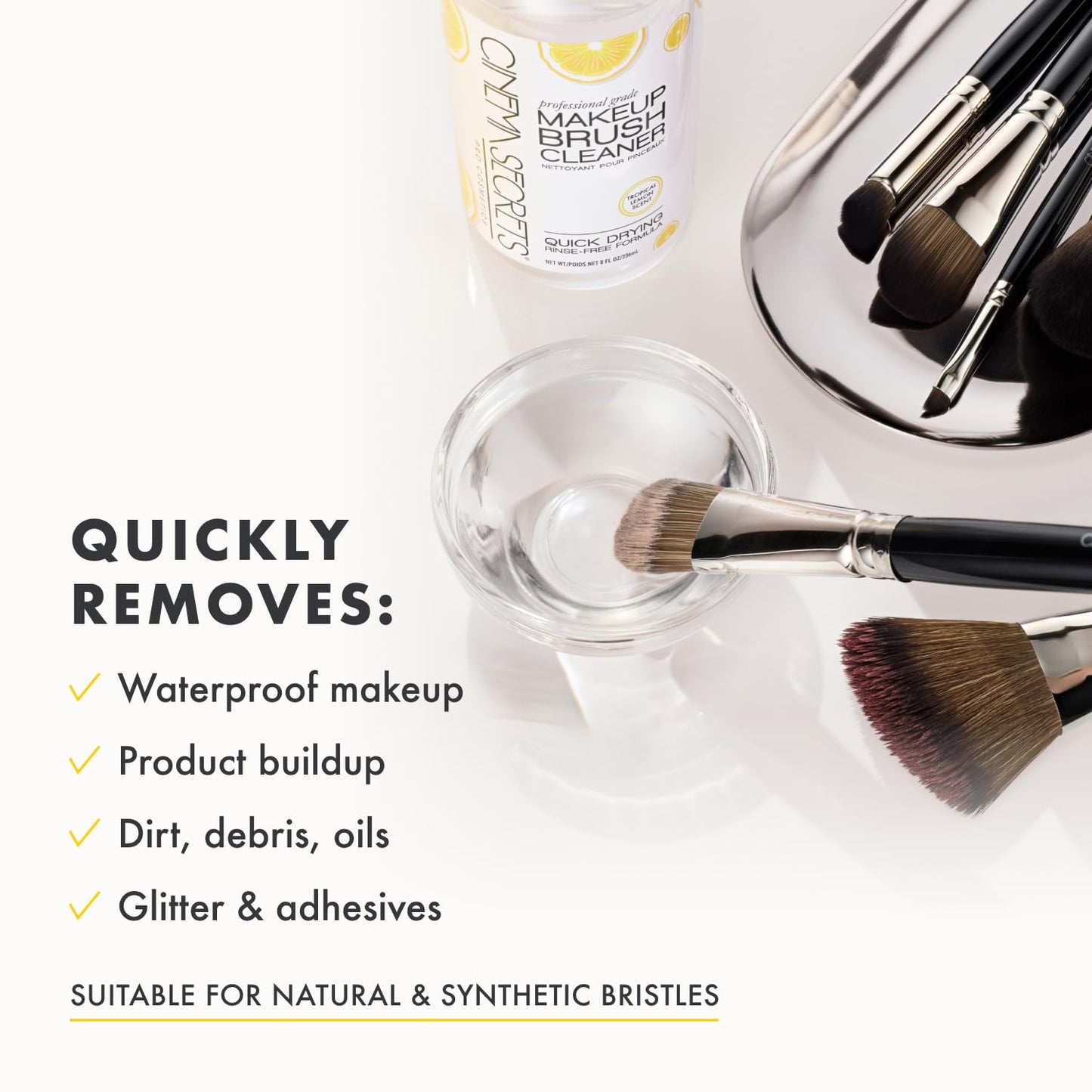 Cinema Secrets Original Makeup Brush Cleaner Kit - Professional Cleanser + Cleansing Tin for Makeup Brushes - Quick-Drying, Rinse-Free Formula - Removes Stubborn Waterproof Make Up - Lemon (8 fl oz)