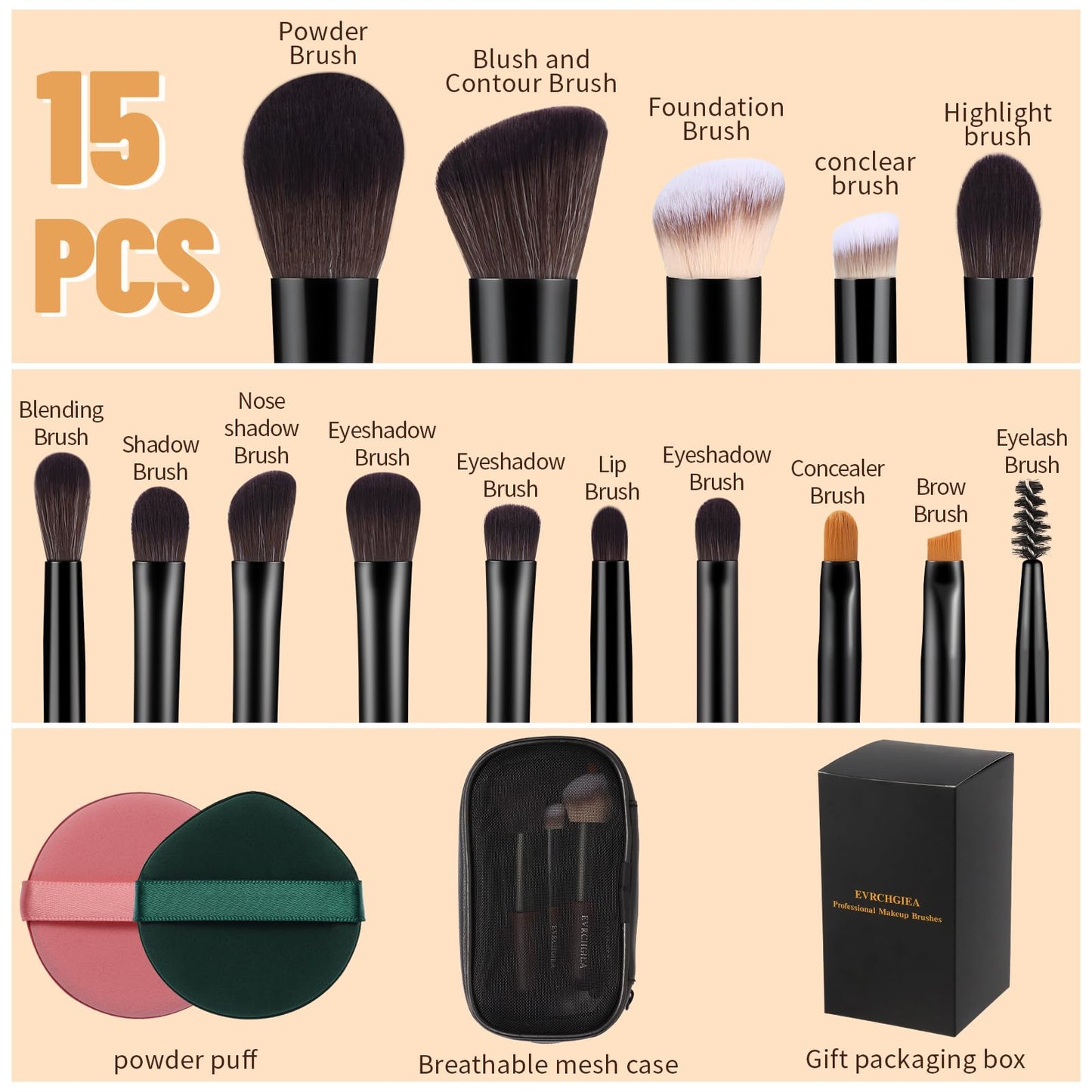 Travel Makeup Brush Set, 15 pcs Mini Makeup Brushes and 2 Puff for Foundation, Powder, Eyeshadow, Highlight, Contour, Blush & Concealer, Small Makeup Brush Set Purse Size with Case (black and brown)
