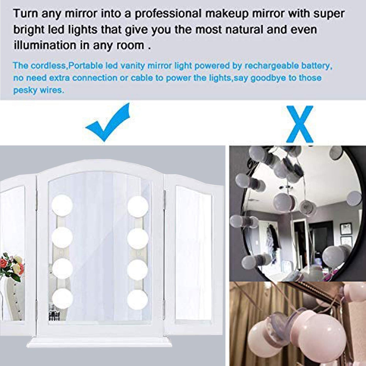 BESTCAN Cordless Rechargeable LED Vanity Mirror Light with Daylight Bulbs for Bathroom Makeup and Dressing Tables