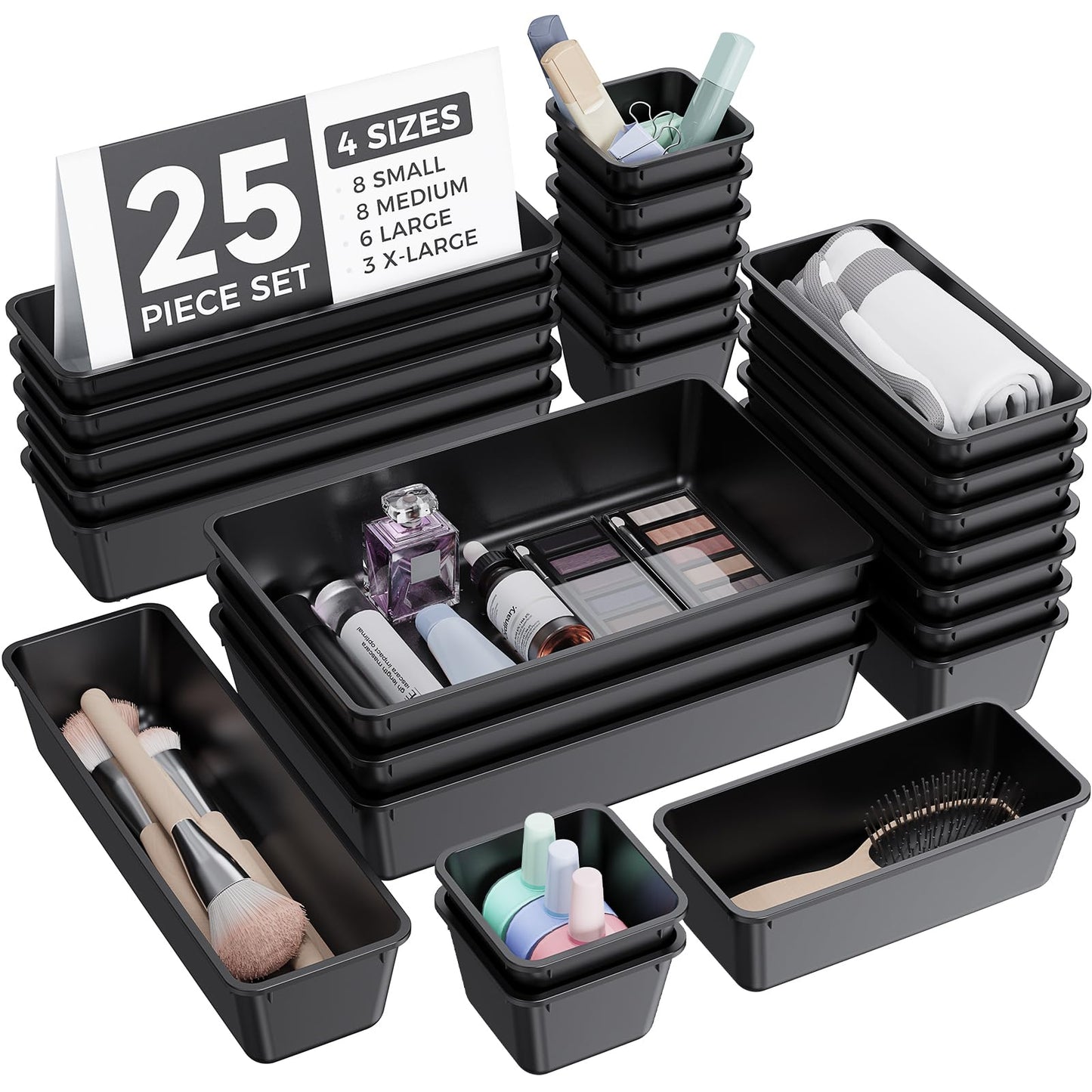 BiuLeon 25 PCS Plastic Drawer Organizers Set, 4-Sizes Vanity and Makeup Organizer, Desk and bathroom Drawer Organizer Trays, Organizers and Storage for Makeup, Jewelry, Gadgets, Utensils (Black)