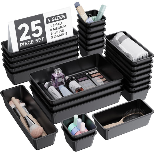 BiuLeon 25 PCS Plastic Drawer Organizers Set, 4-Sizes Vanity and Makeup Organizer, Desk and bathroom Drawer Organizer Trays, Organizers and Storage for Makeup, Jewelry, Gadgets, Utensils (Black)