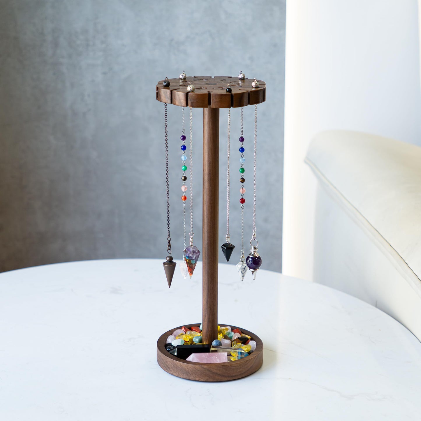 Kihomi Crystal Pendulum Stand with Tray - Walnut Moon Phase Round Crystal Display Holder up to 16 Pendulums and Healing Stone Rack, Wood Aesthetic Witchy Decor Ideal Witchcraft and Wiccan Supplies for