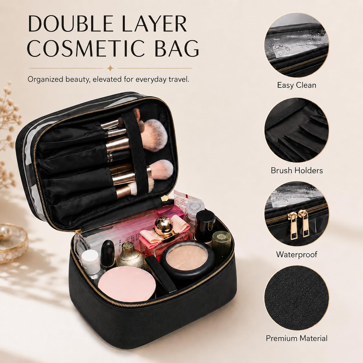 imerelez 3PCS PU Leather Makeup Bag, Large Travel Cosmetic Pouch, Cute Toiletry Organizer for Women, Black