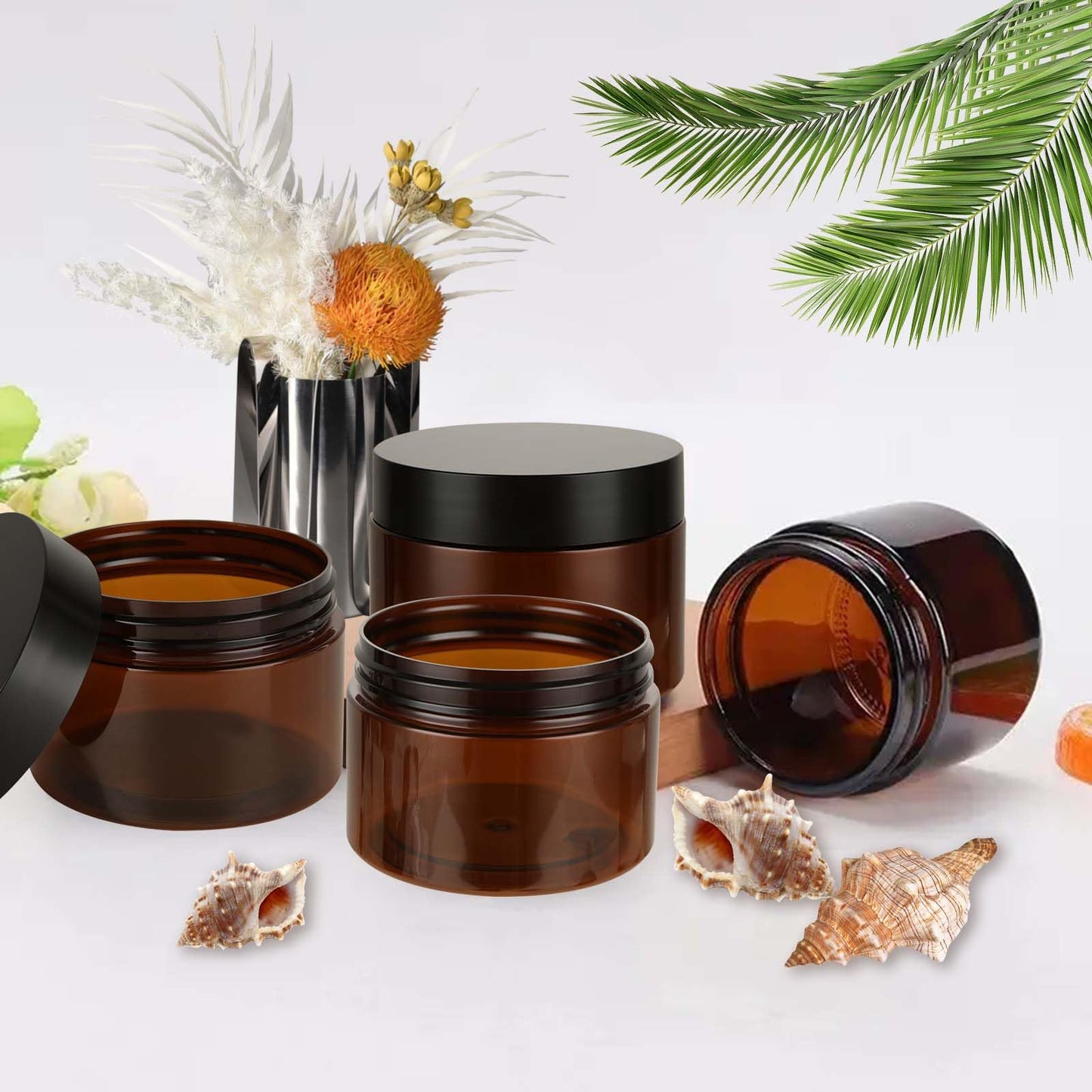 LDHHYH 50 Pack 4oz Amber Plastic Cosmetic Jars with Lids, Refillable Amber Plastics Jar, Empty Leak Proof Plastic Containers with Lids for Cream, Lotion, Cosmetic, Beauty Products Travel Storage