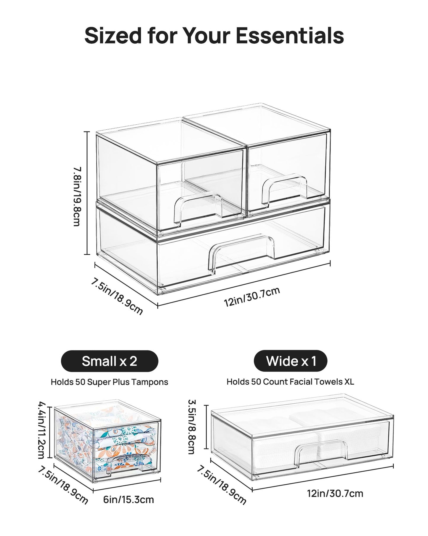 Vtopmart Stackable Storage Drawers Set of 3,Clear Plastic Organizer Bins for Makeup, Cosmetics, Beauty Supplies,Ideal for Vanity, Bathroom,Cabinet,Pantry Organization