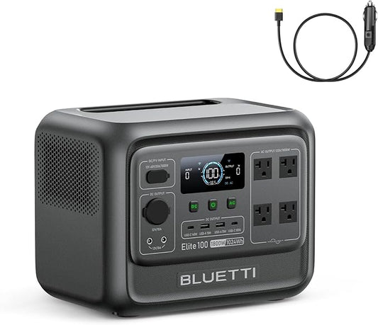 BLUETTI Elite 100 V2 Portable Power Station and Car Cable, 1024Wh LFP Battery Solar Generator w/ 4 1800W AC Outlets (3600W Surge) Backup, 35% Smaller for Camping, RV, Outages (Solar Panel Optional)