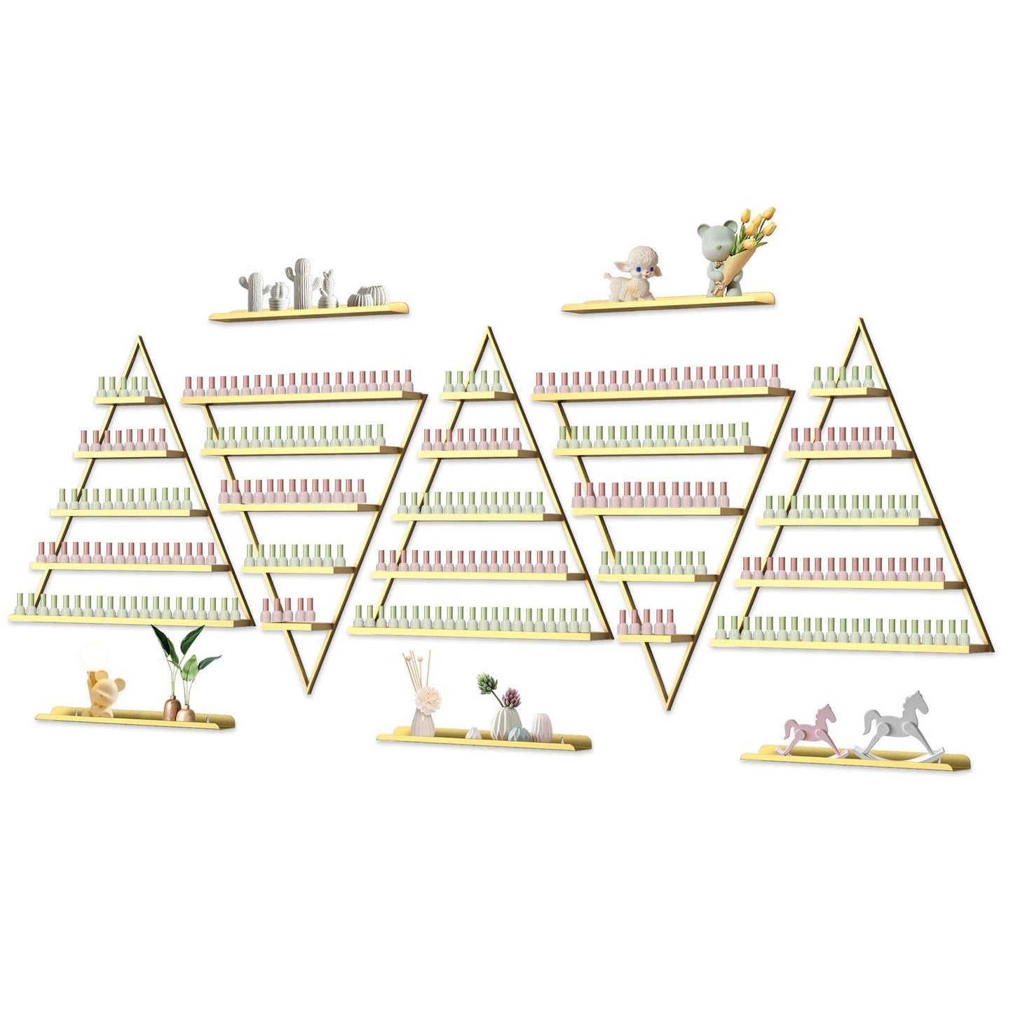 EBANKU 10PCS Nail Polish Racks 5 Tiers Nail Polish Shelf for Wall Triangular Display Rack Cosmetic Display Cases Lipstick Perfume Wall Shelf Essential Oil Organizers for Home Spa Nail Salon Shop(Gold)