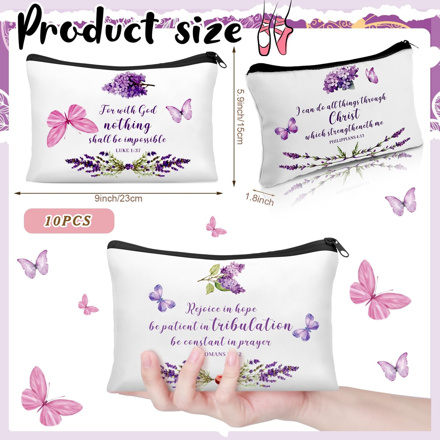 Shinylin 10 Pcs Christian Bible Verse Canvas Makeup Bags Bulk Gifts for Church Woman Christian Cosmetic Pouches with Zipper Religious Faith Gifts Bags Bulk for Women Mom Group