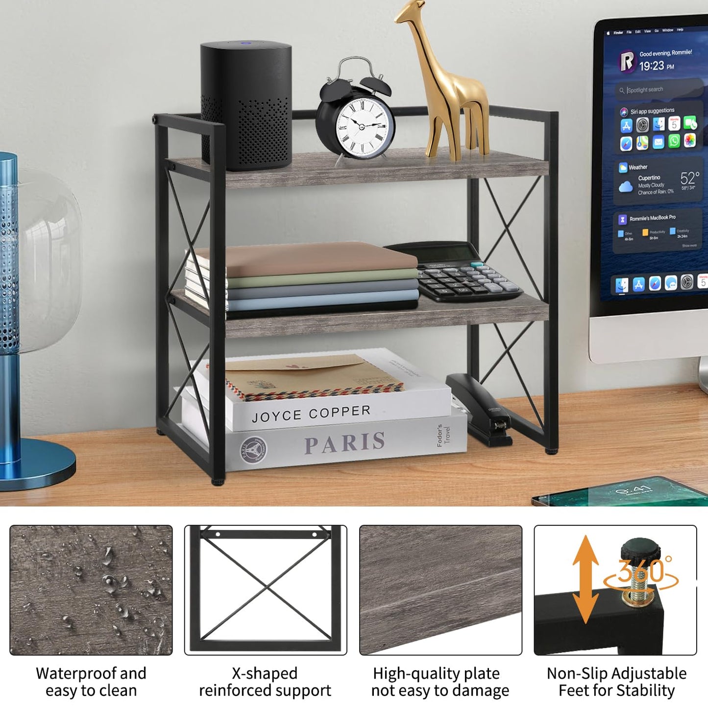 YINMIT Desktop Shelf Organizer, 2 Tier Office Shelves, Wood Desk Organizer Storage Rack and Freestanding Display Shelf for Office, Dormitory, Home (Grey)