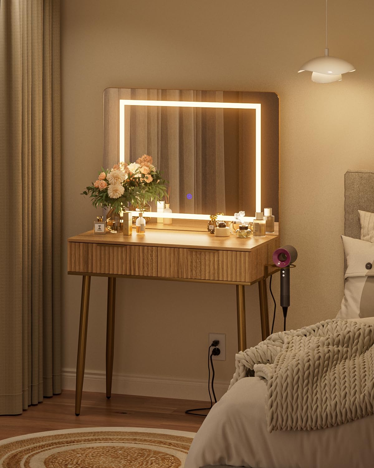 Apetaccat Vanity Desk with Large Mirror and Lights, Small Makeup Vanity Table with 2 Drawers, Dressing Table with 3 Adjustable Lighting Color, Small Makeup Desk for Bedroom, Natural with Gold Leg
